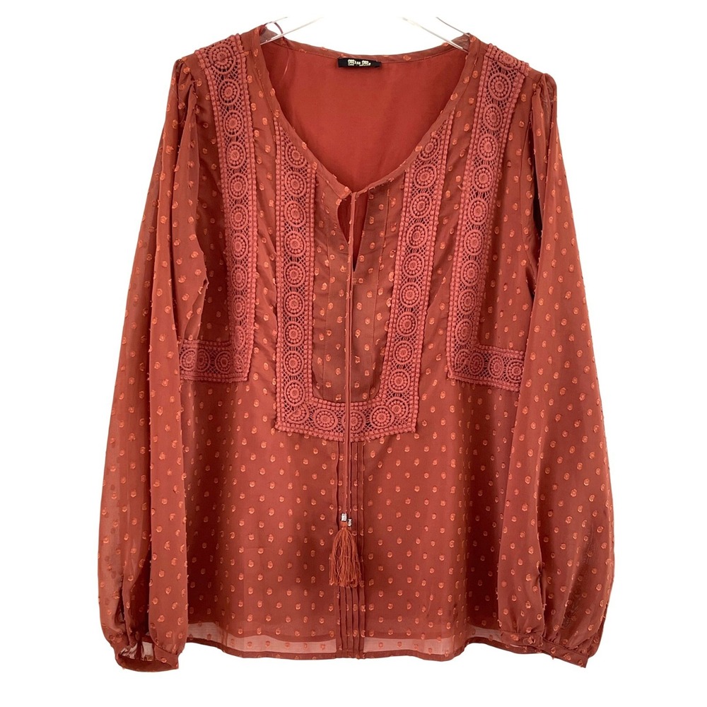 Miss Me Swiss Dot Blouse Women Large Rust Good Boho Crochet Tassel - Picture 3 of 13